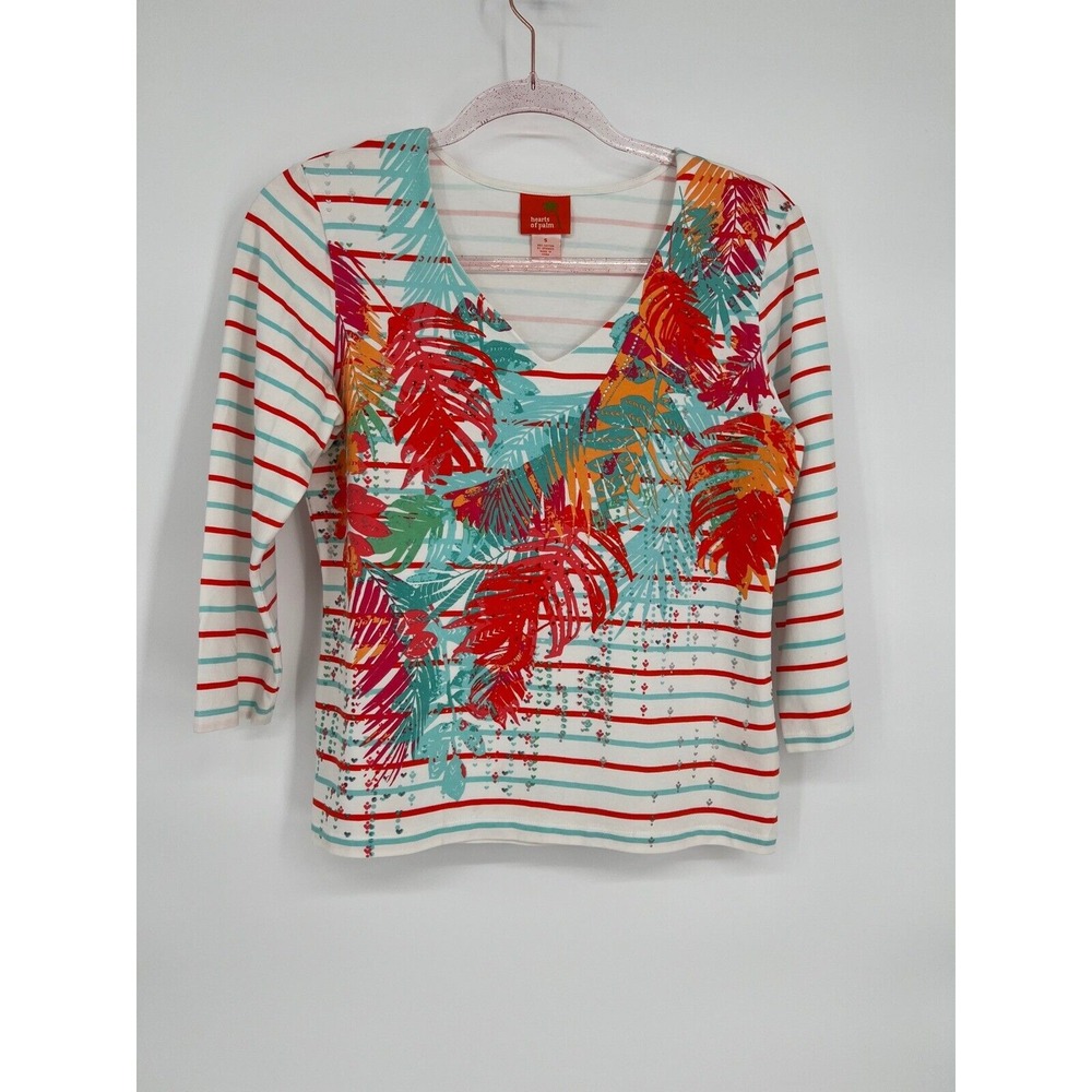 Hearts of Palm Tropical Palm Leaf Print 3/4 Sleeve Top - Size S